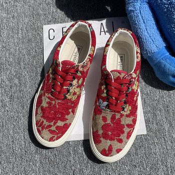 Popular Influencer Picks High Street Trendy Shoes for Men, Embroidered Retro Chinese Red Canvas Versatile Fashion Casual Sneakers