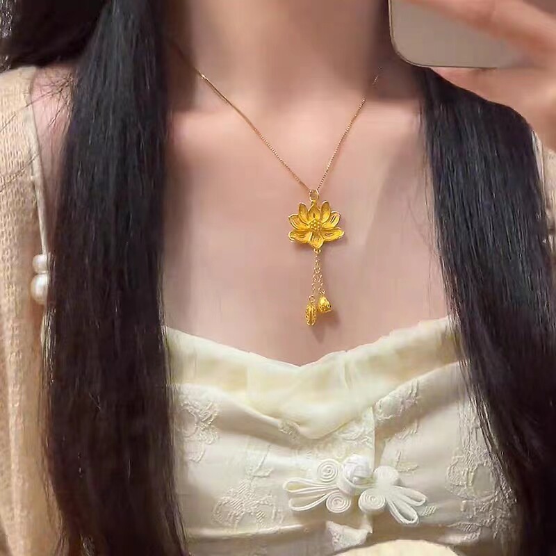New 24K Gold Lotus Two-Joy Necklace for Women, 999 Imitation Gold