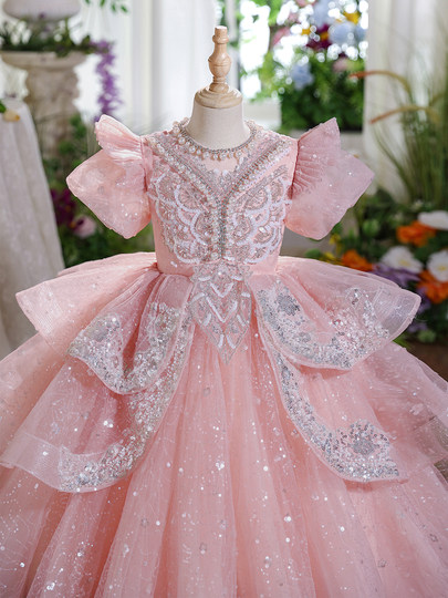 粉色女童礼服小众高端生日花童公主裙儿童绝美主持人钢琴表演出服