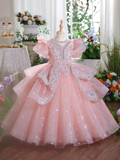 粉色女童礼服小众高端生日花童公主裙儿童绝美主持人钢琴表演出服