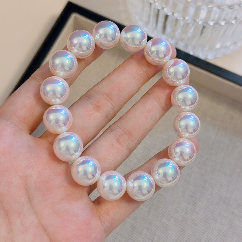 Akoya Pearl Bracelet with Pink Luster, Artificial Pearls, Light Luxury Style, Mother-Of-Pearl Fortune Beads, Elastic Cord Bracelet for Women