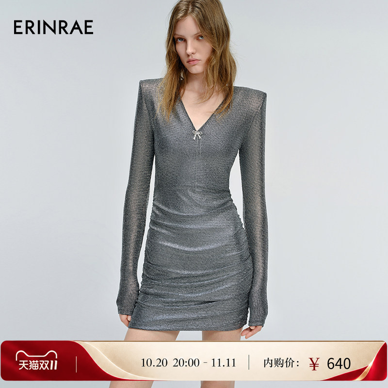 Erinrae25 Autumn New Arrival Italian Silver-Plated Knitted V-Neck Bodycon Dress French Stretchy Formal Dress