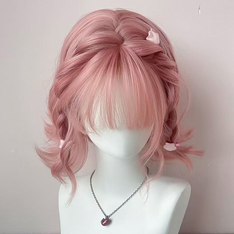 Pink Wig for Women, Short Hair, Age-Reducing, Sweet Lolita Style, Short Curly Hair, Wool Curls, Versatile Cos, Full Head Wig Style
