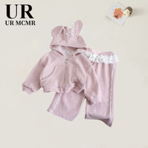 (Removal Area) Brand Counter) Mori-style Korean Autumn Clothes Cute Children and Girls Western Style Rabbit Ears Lace Clothes