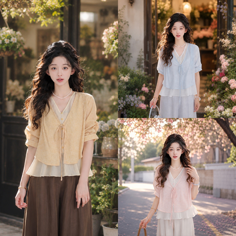 Qianzhu【Light Apricot Cloud Gauze】Designer Style Patchwork Faux Two-Piece V-Neck Tie Short-Sleeve Shirt Yf1431096
