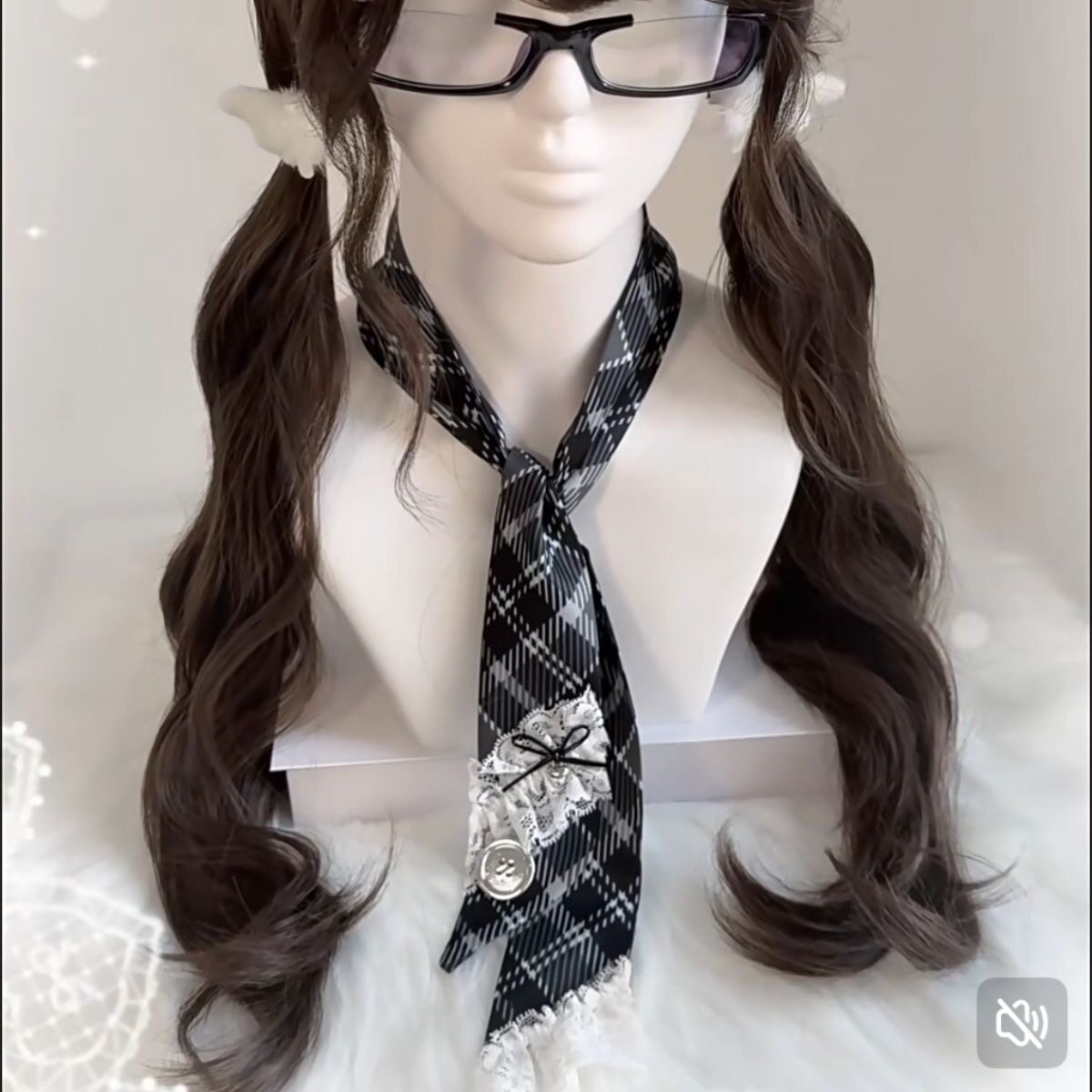 New preppy style striped and plaid tie with sophisticated Korean-style lace trim Y2K scarf