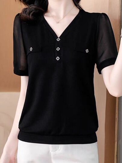 Ice Silk Short-Sleeved T-Shirt, Fashionable Women's 2025 New Chiffon Shirt, Loose and Slimming, Belly-Covering, Stylish Lace Half-Sleeve Top