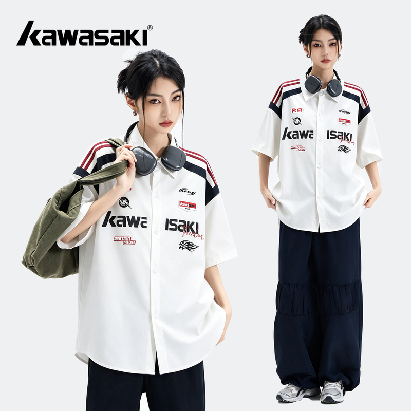 Kawasaki American Retro High Street Color-Blocking Loose Casual Comfortable Versatile Turn-Down Collar Short-Sleeve Shirt
