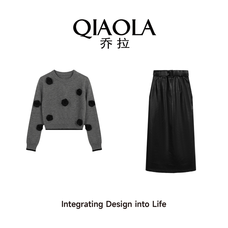 Qiao La【Blooming Flower】Spring and Autumn Three-Dimensional Rose Round Neck Knitted Sweater Women's Fashion Set Black Skirt