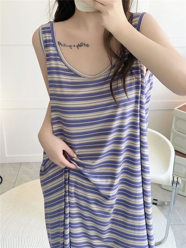 Plus Size 140kg Striped Tank Top Nightdress for Summer, Thin Style for Chubby Women, Can Be Worn Outside, Loose Maternity Loungewear