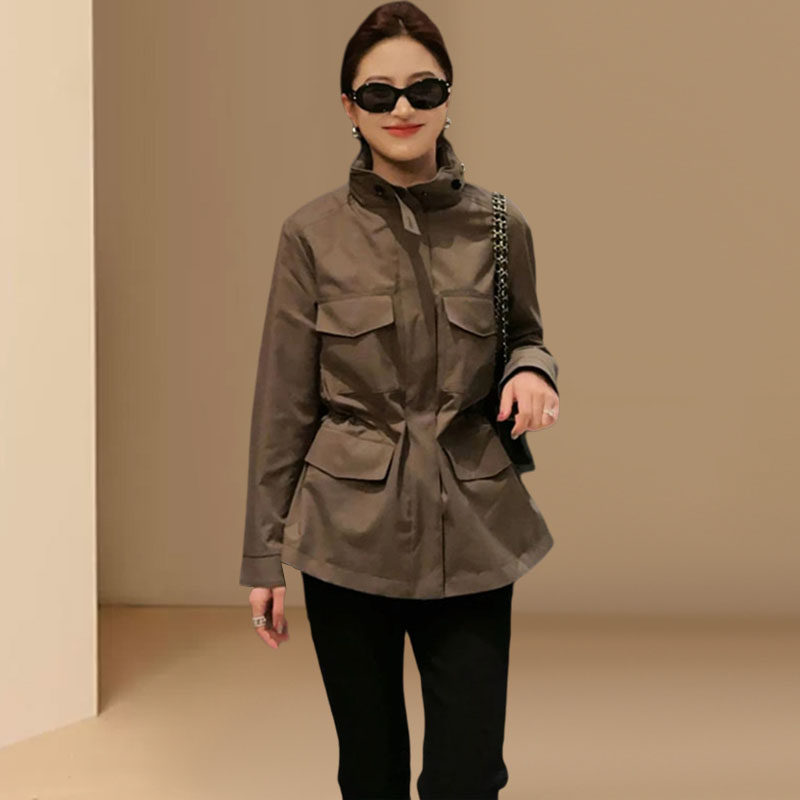 韩系复古时尚工装风衣外套女2025新款立领显瘦收腰休闲夹克上衣潮
