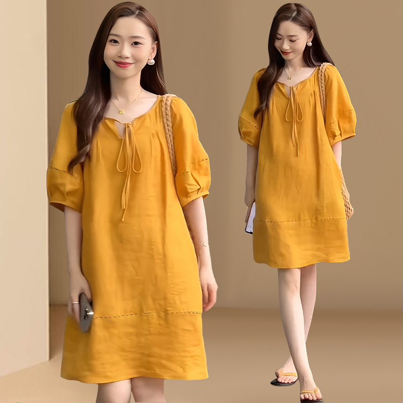 Pumpkin-Colored Puff-Sleeve V-Neck Dress for Women, Summer 2026 New Style, Loose, Super Pretty, Stylish, Mid-Length Babydoll Dress