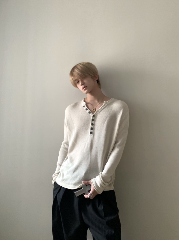 Jichuan Yep V-Neck [Lyocell Sweater] Relaxed and Casual Style Button-Up Knitted Linen Henley Shirt