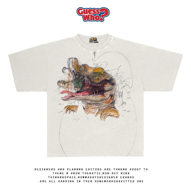 All Nature Sketching Animal Series Shell Breaking Baby Crocodile Print Versatile Short Sleeve T-shirt Tee