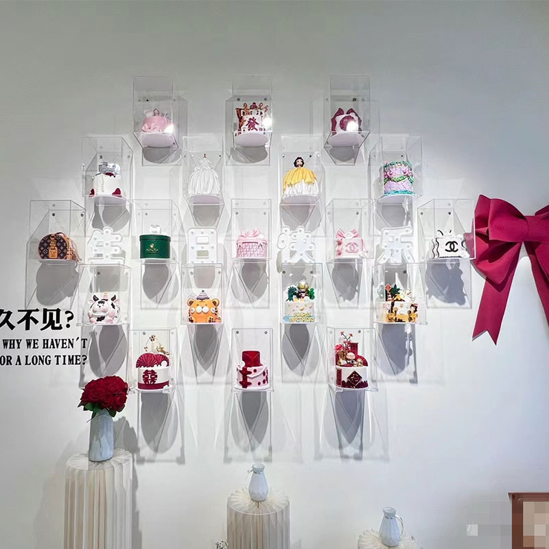Transparent Acrylic Square Cake Model Wall Display Rack with Pull-Out Display Box for Wall Hanging Display