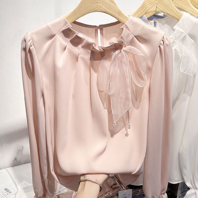 2026 Spring and Autumn New Slimming Ruched Tie-Up Patchwork Solid Color Chiffon Blouse Women's Bow Long Sleeve Fashionable Shirt Trendy