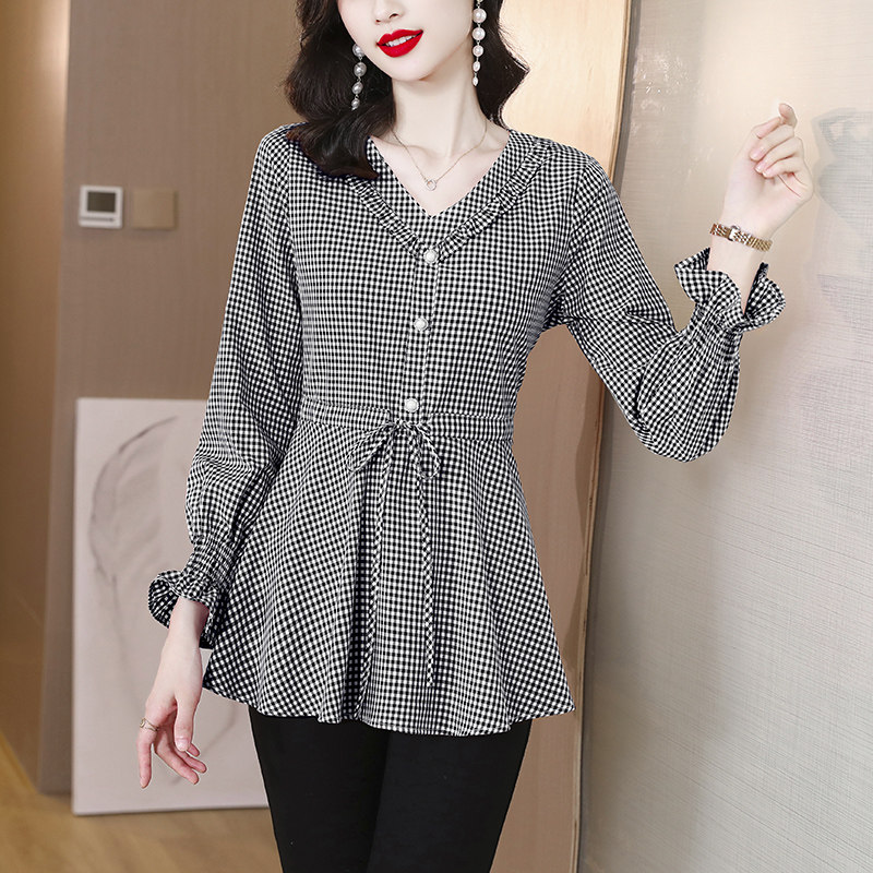 Fashion V Collar Plaid Shirt Woman Autumn Dress 2023 Fall New Middle Aged Mom Loaded With Long Sleeve Blouses Temperament-Taobao
