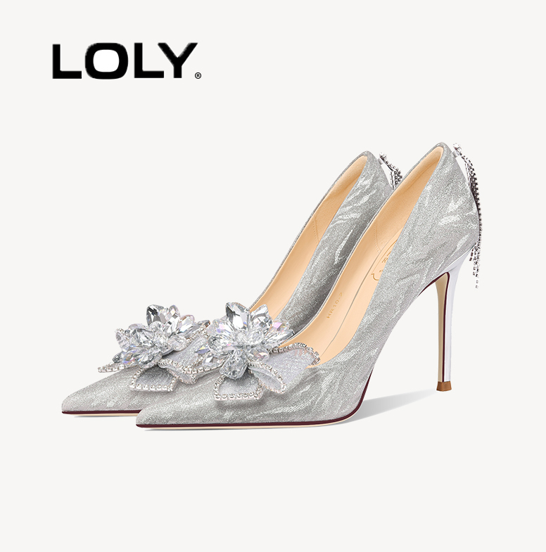 Loly French Wedding Shoes with Bow, Silver Cut Men's Wedding Shoes, High Heels for Girlfriend, High-End Blingbling