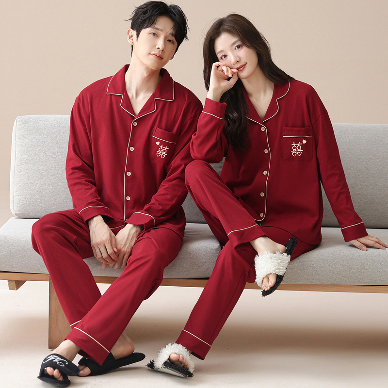 Pajamas for Newlyweds, Spring and Autumn Style, Pure Cotton, Red, 2026 New Style, Men's and Women's Long-Sleeved Festive Autumn Style Pajamas for Newlyweds, Spring and Autumn Style, Pure Cotton, Red, 2026 New Style, Men's and Women's Long-Sleeved Festive Autumn Style