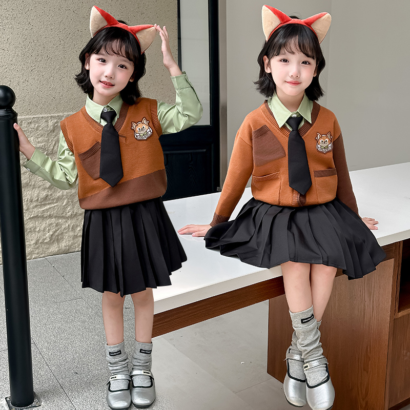 Girls' Preppy Pleated Skirt Set, Fox Nick Spring and Autumn Long-Sleeved Two or Three-Piece Set, Disney Halloween Photo Shoot