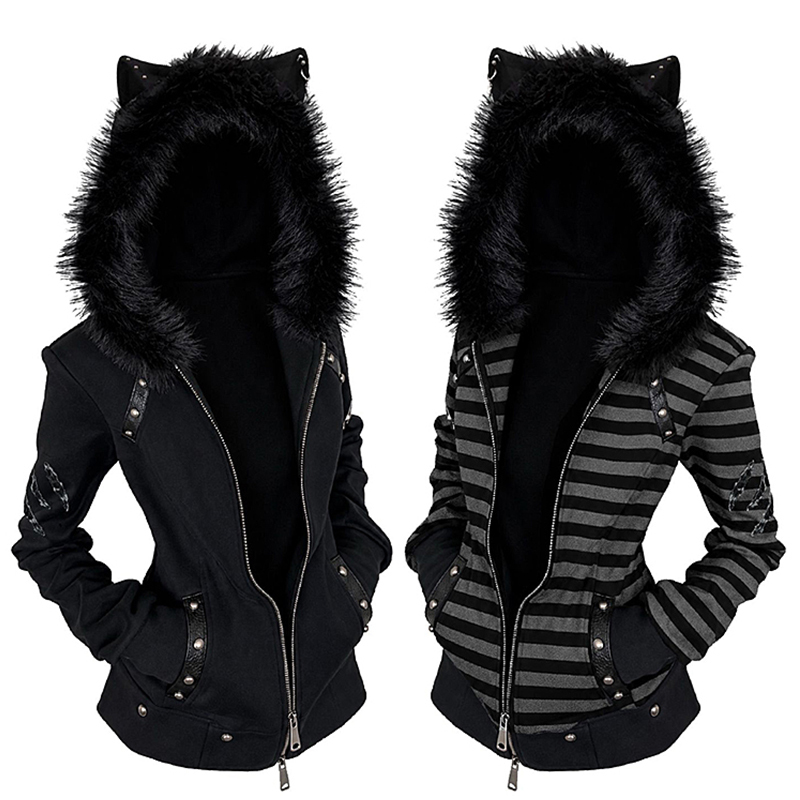 American Retro Cute Cat Ear Fur Collar Jacket for Women, Autumn and Winter Thickened Warm Subculture Jacket