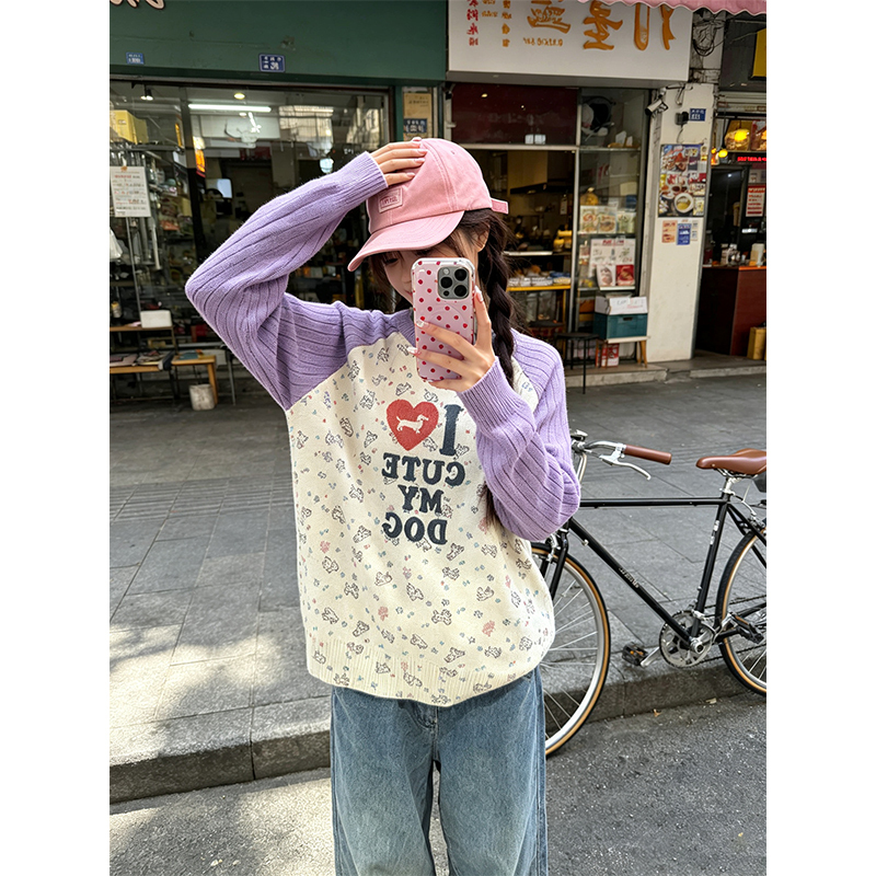 American-Style Fun Printed Color-Blocked Long-Sleeved Knitted Sweater for Men and Women, Loose, Casual, Versatile, Warm Pullover Sweater for Spring and Autumn