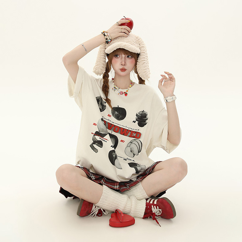 Yikojia American Retro Creative Printed White Short-Sleeved T-Shirt for Women, New Summer Style Loose and Versatile Top