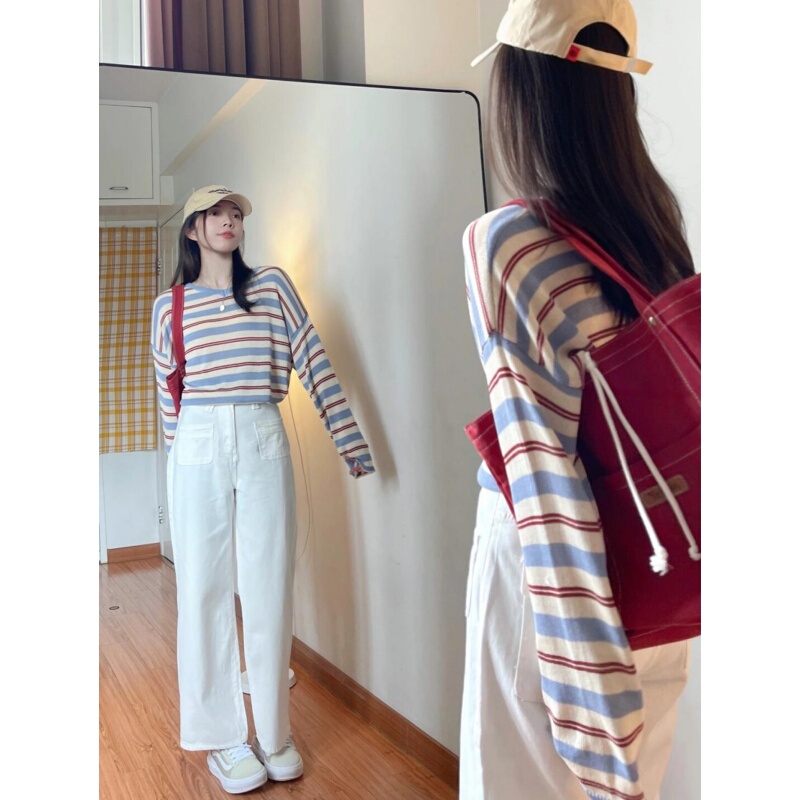 Lazy and Relaxed Striped V-Neck Long-Sleeved Knitwear for Women in Autumn and Winter, Korean Style Design, Stylish and Beautiful Top