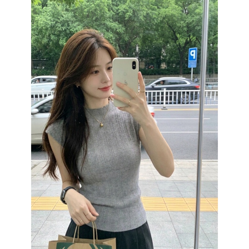 Gray Small Stand-Up Collar Knit Sleeveless Vest for Women, Summer Waist-Cinching Design, Slim Fit, Soft Ribbed Top with Small Flutter Sleeves