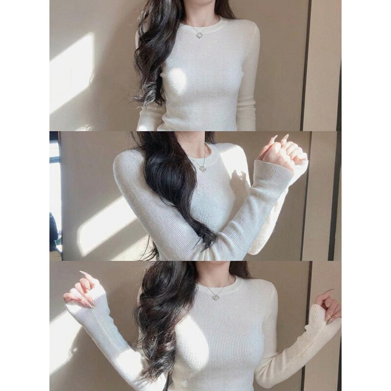 Korean-Style Outfit: Long-Sleeved Soft Knit Base Shirt for Women, Slim-Fit Sweater for Autumn and Winter, White Top for Petite Figures