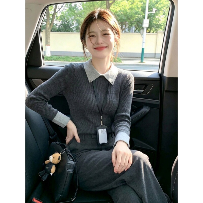 College Style Color-Block Polo Collar Fake Two-Piece Knit Sweater for Women, Autumn Wear, Long-Sleeved, Age-Reducing Base Sweater Top College Style Color-Block Polo Collar Fake Two-Piece Knit Sweater for Women, Autumn Wear, Long-Sleeved, Age-Reducing Base Sweater Top