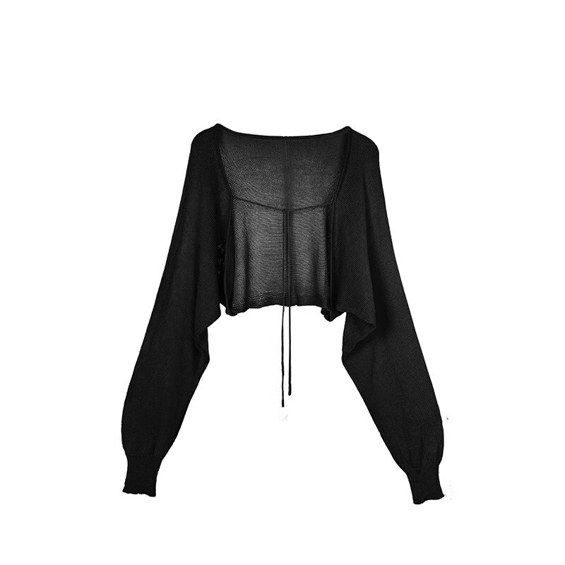 Summer Outerwear: Ice Silk Sheer Black Shawl Paired with a Slip Dress, Air Conditioning Cover-Up, Women's Thin Sun Protection Knit Cardigan