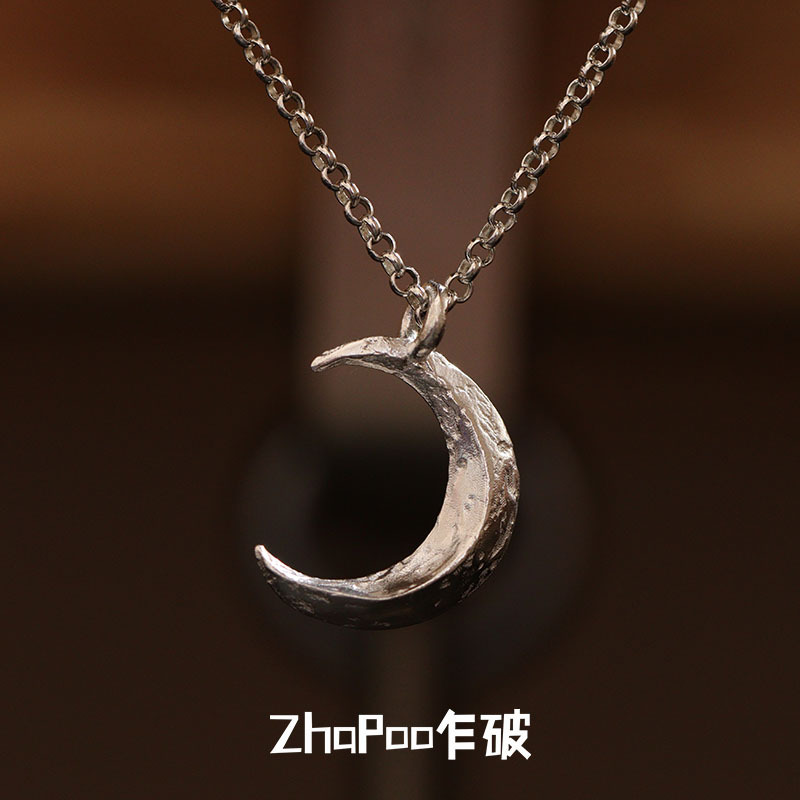 Zhapoo Original Design Handmade 999 Pure Silver Moon Necklace for Women, Simple and Artistic Unisex Pendant
