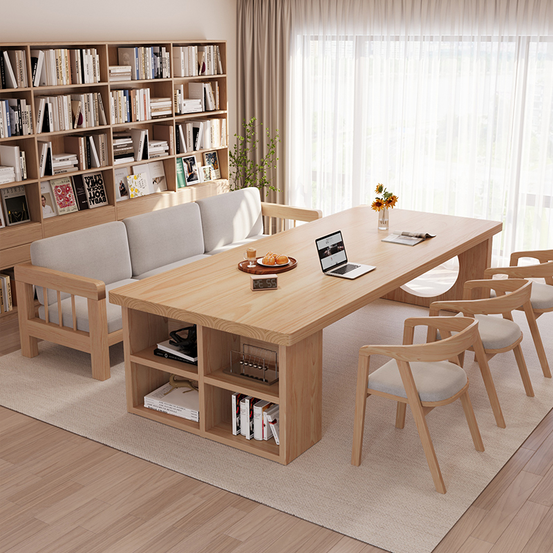 Solid Wood Living Room Large Desk, Simple Modern Workbench, Bookshelf Integrated Double Desk, Student Reading Home Study Desk