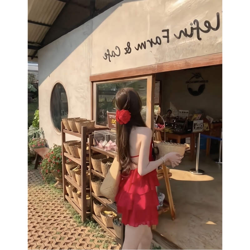 【Red and White Roses~】Summer Pure and Alluring Style, Youthful and Sexy, Irregular Halter Neck, Backless Spaghetti Strap Dress for Women