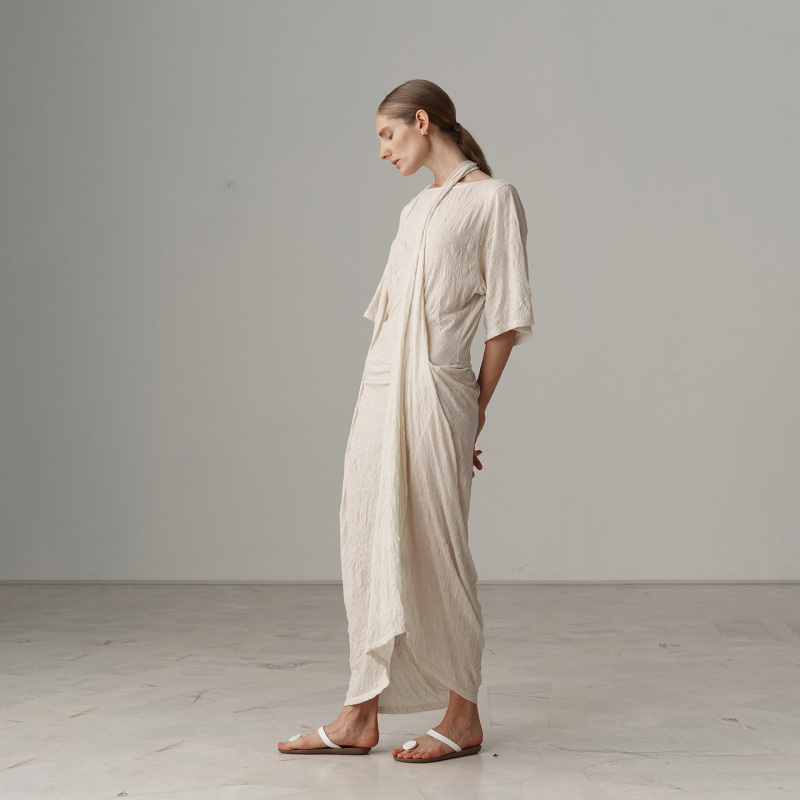 Mao by Mao Avant-Garde Designer Brand Women's Clothing Wrinkled Knit Tie-Up Dress with Asymmetrical Hem Niche Long Dress