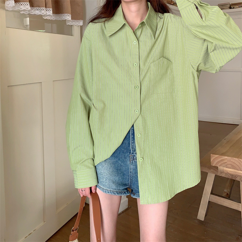 French-Style Avocado Green Striped Shirt for Women, Unique Design, Loose and Simple, High-End Feel, Autumn Shirt Jacket for Women