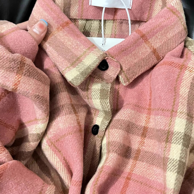 Korean Style Sweet Pink Apricot Plaid Shirt for Women, Layered with a French Lazy Style, Loose and Versatile Long-Sleeved Shirt, Trendy