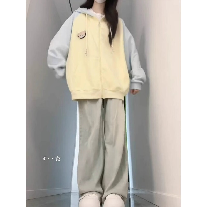 2026 New Style Bear Patch Hoodie for Women, Spring and Autumn Loose American Style Lazy Style Raglan Sleeve Cardigan Jacket