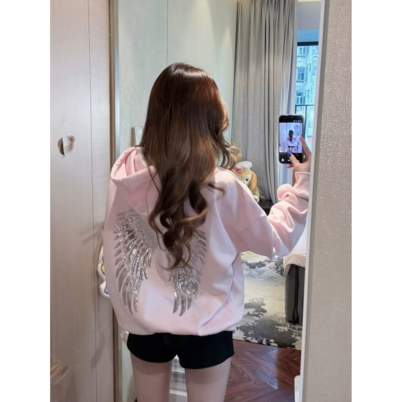 Korean Retro Pink Sequin Wing Embroidered Sweatshirt for Women, Autumn Loose Sweet Style Hooded Pullover Jacket Top Korean Retro Pink Sequin Wing Embroidered Sweatshirt for Women, Autumn Loose Sweet Style Hooded Pullover Jacket Top