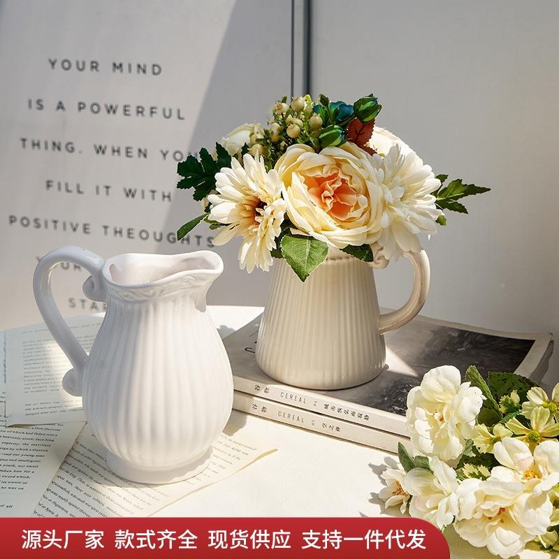 Nordic Ins Retro Ceramic Kettle Vases White Decorative Pendulum with Dining Room Table Flower Pots-Taobao