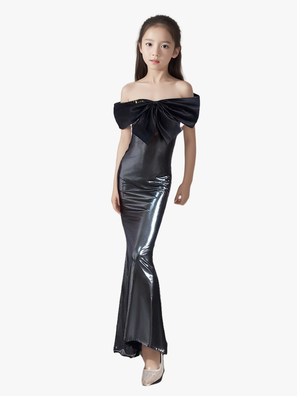 Girls Black Tube Top Latin Catwalk Evening Dress Kidsren's 2024 New High-End Fishtail Slim Fashion Bright Leather