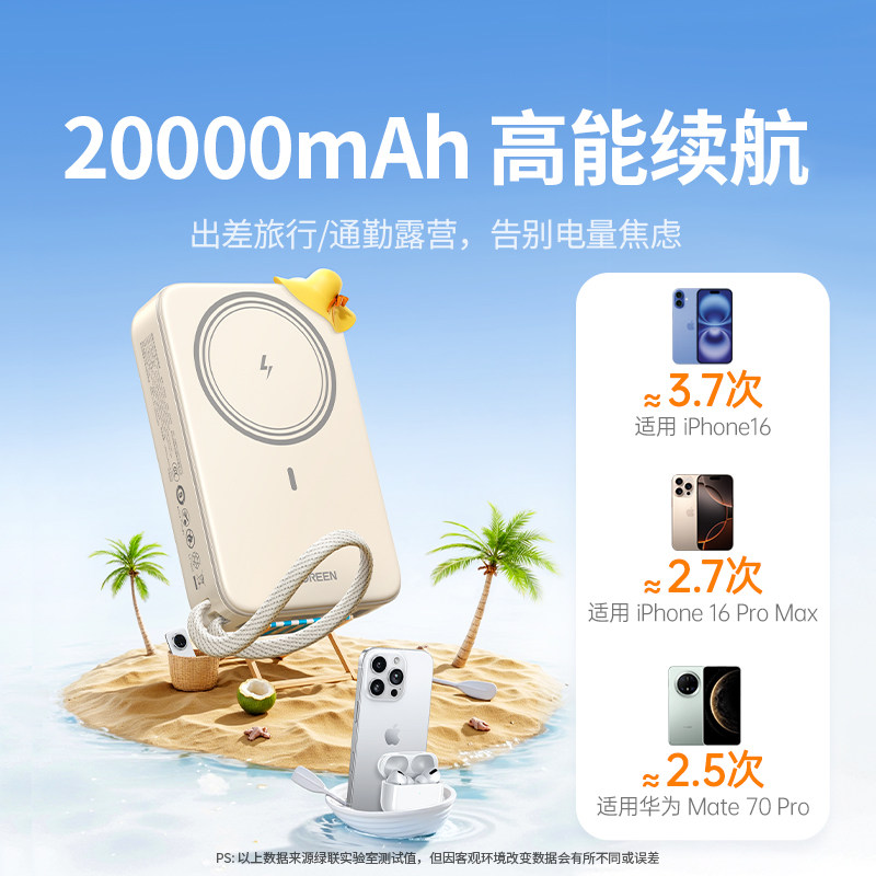 [Power Bank with 3C Certification, Suitable for Use on Airplanes]Ugreen 2026 New Model Magnetic Power Bank with Built-In Cable, 20000Mah, Compatible with Apple Fast Charging, Android Mobile Power Supply, Genuine Product