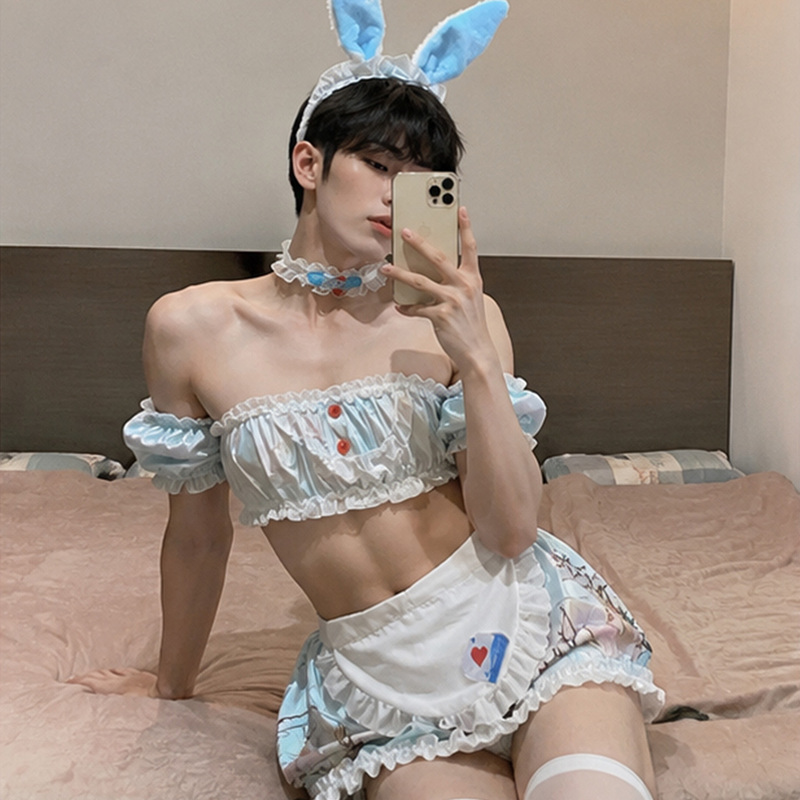 Sexy Lingerie for Men, Sexy Tube Top Nightdress, Cute Print, No Need to Take Off, Male Servant Uniform, Bunny Boy Suit, Sweet