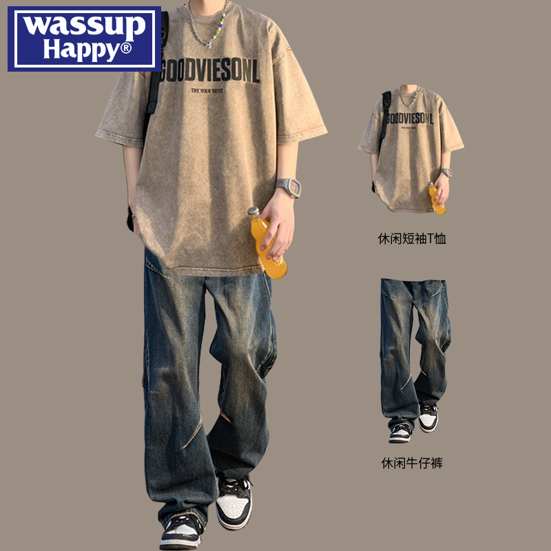 Wassup Happy Short-Sleeve Suit for Men, Summer Pure Cotton T-Shirt Set Paired with High-Street Jeans Two-Piece Set, Trendy