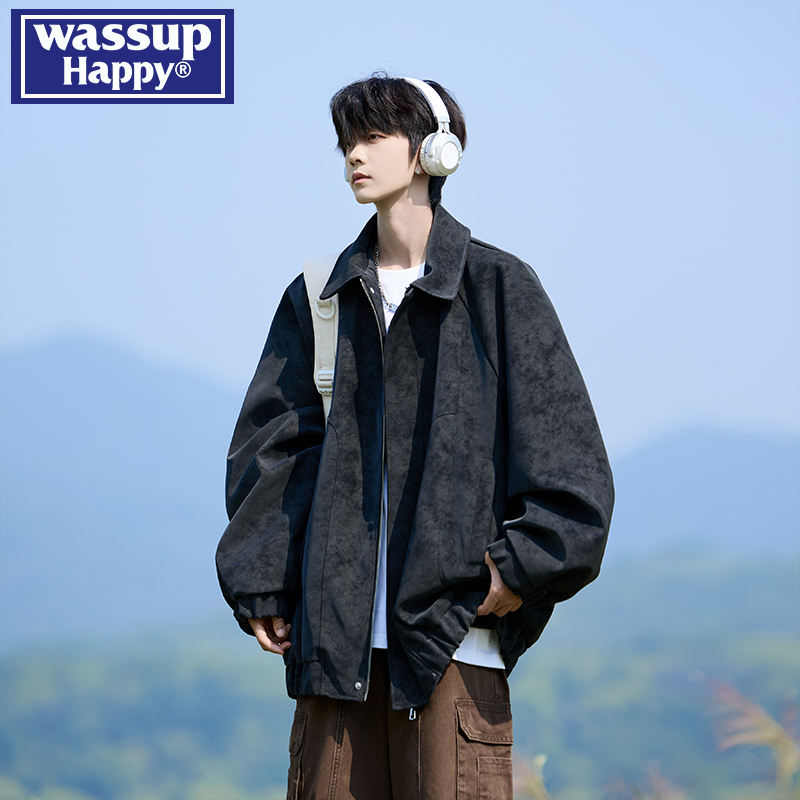 Wassup Happy Lapel Leather Jacket for Men, Spring and Autumn, American Retro, High-End Trendy Brand, Cool and Stylish Jacket