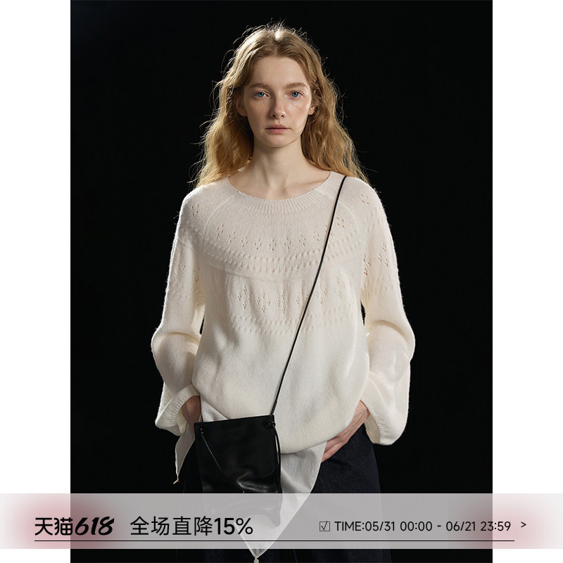 Saje Natural Poet Lyocell Alpaca Wool Hollow Knit Hat Fair Isle Jacquard Lazy Long Sleeve Sweater