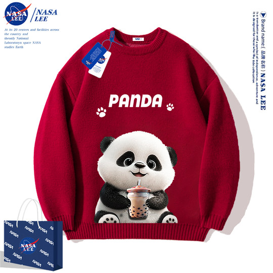 NASA酒红色内搭猫咪毛衣男女款2025秋冬慵懒风情侣百搭针织衫外套