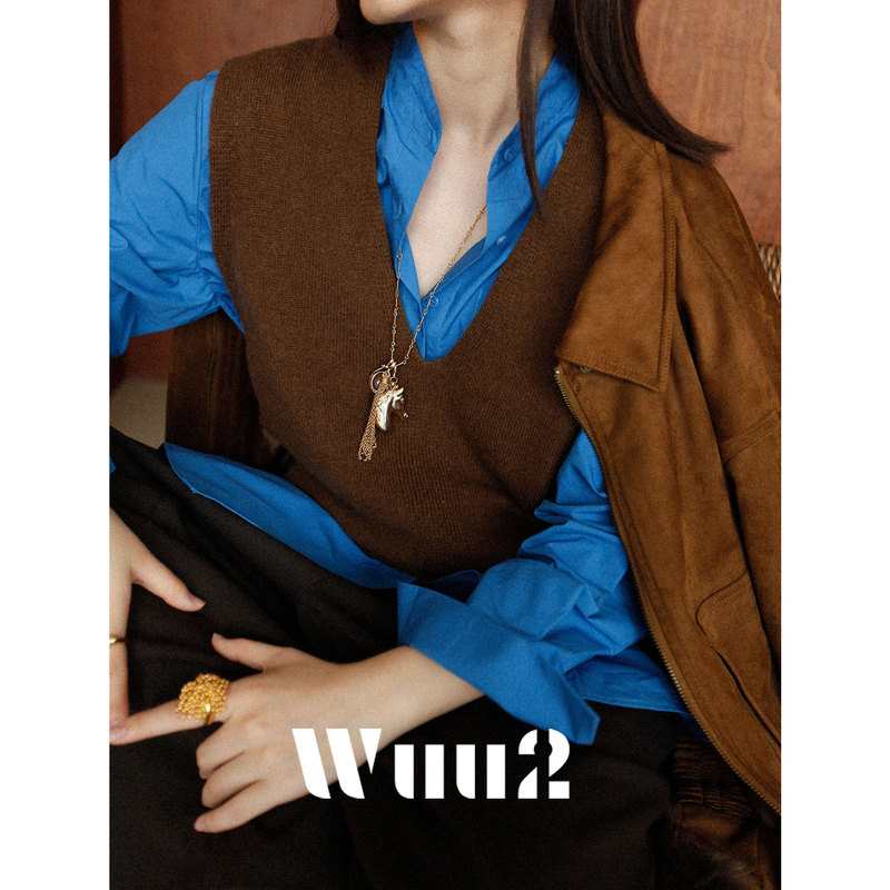 Wuu2 Capri Blue Hole Detachable Collar Two-Way Blue Shirt for Women, Loose Fit, High-End Feel, Suitable for Layering in the Office
