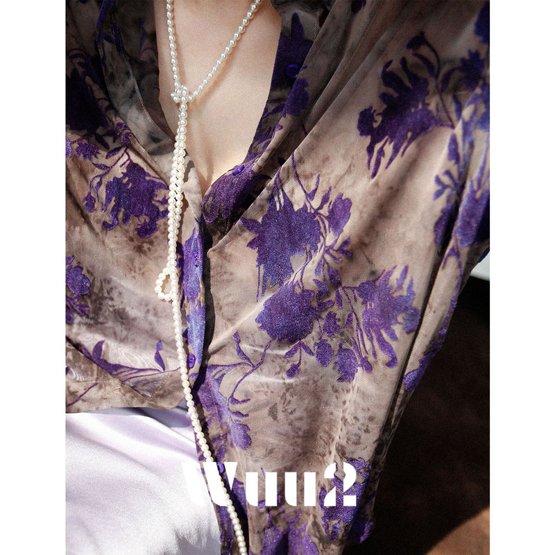 Wuu2 Light Mist Purple Kite Ultra-Soft Mesh Vintage Art Flocked Purple Floral Shirt for Women Unique Niche Top for Spring